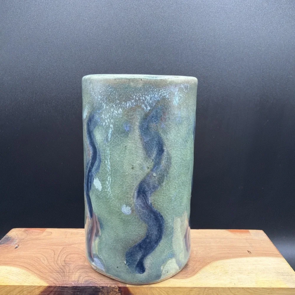 VTG Handmade Container Vase Pencil Toothbrush Holder Green Blue 5 In Tall